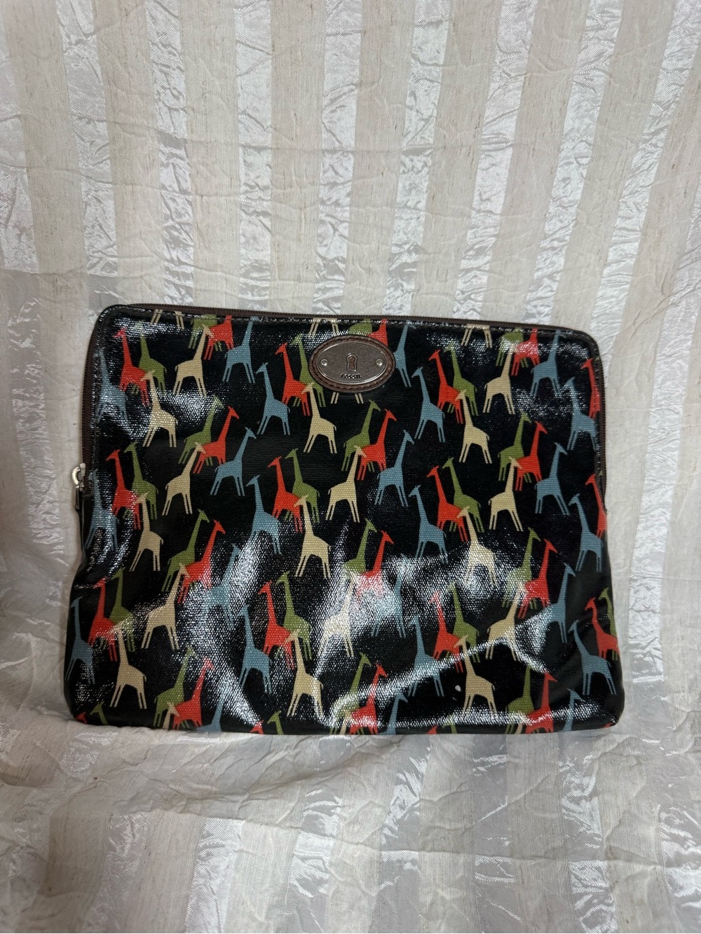 Fossil Key-Per Coated Canvas Giraffe Print Zip Pouch Laptop iPad Case